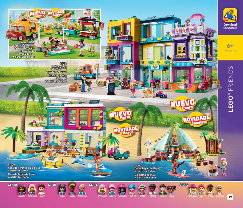 10 Aniversario Lego Friends.   Novedades Lego Friends 2022   comida callejera 41701, Glamping en la playa 41700, Casa de veraneo en la playa 41709, Edificio de la calle principal 41704.