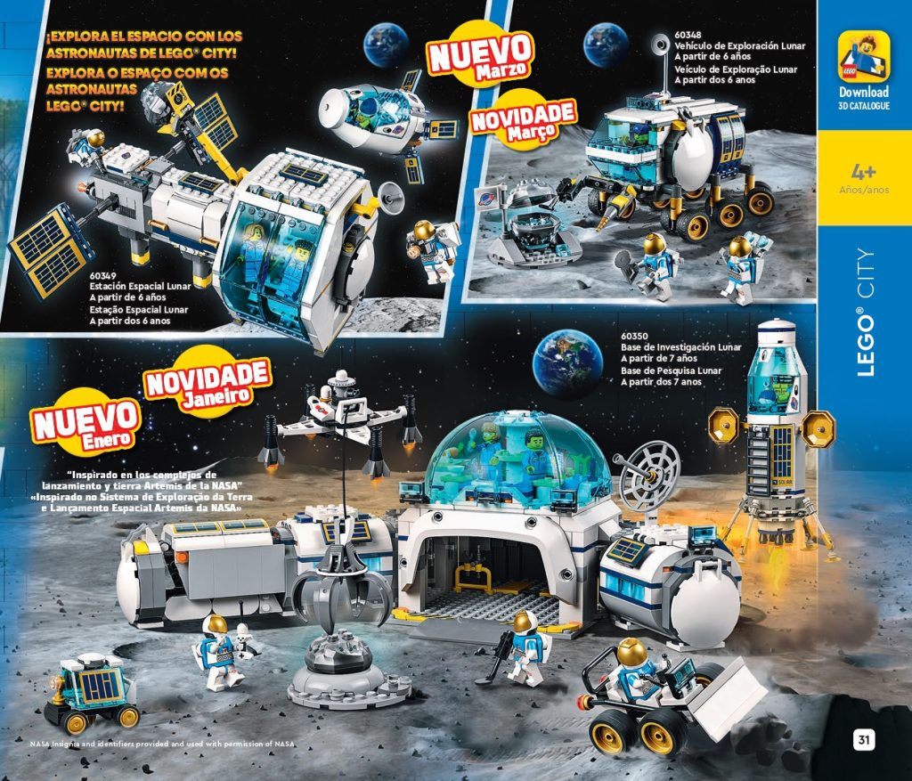 Novedades Lego city 2022 Continua con la exploración del Espacio con los Astronautas de Lego City.  Base de Investigación Lunar 60350, Vehículo de exploración Lunar 60348, Estación Espacial Lunar 60349.