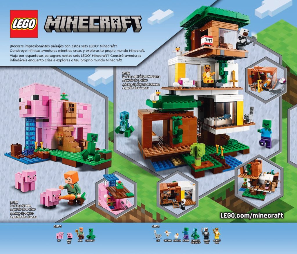 Sigue ampliando el mundo Minecraft como en el videojuego con los sets La casa Cerdo 21170 y la Casa del Árbol Moderna 21174. 