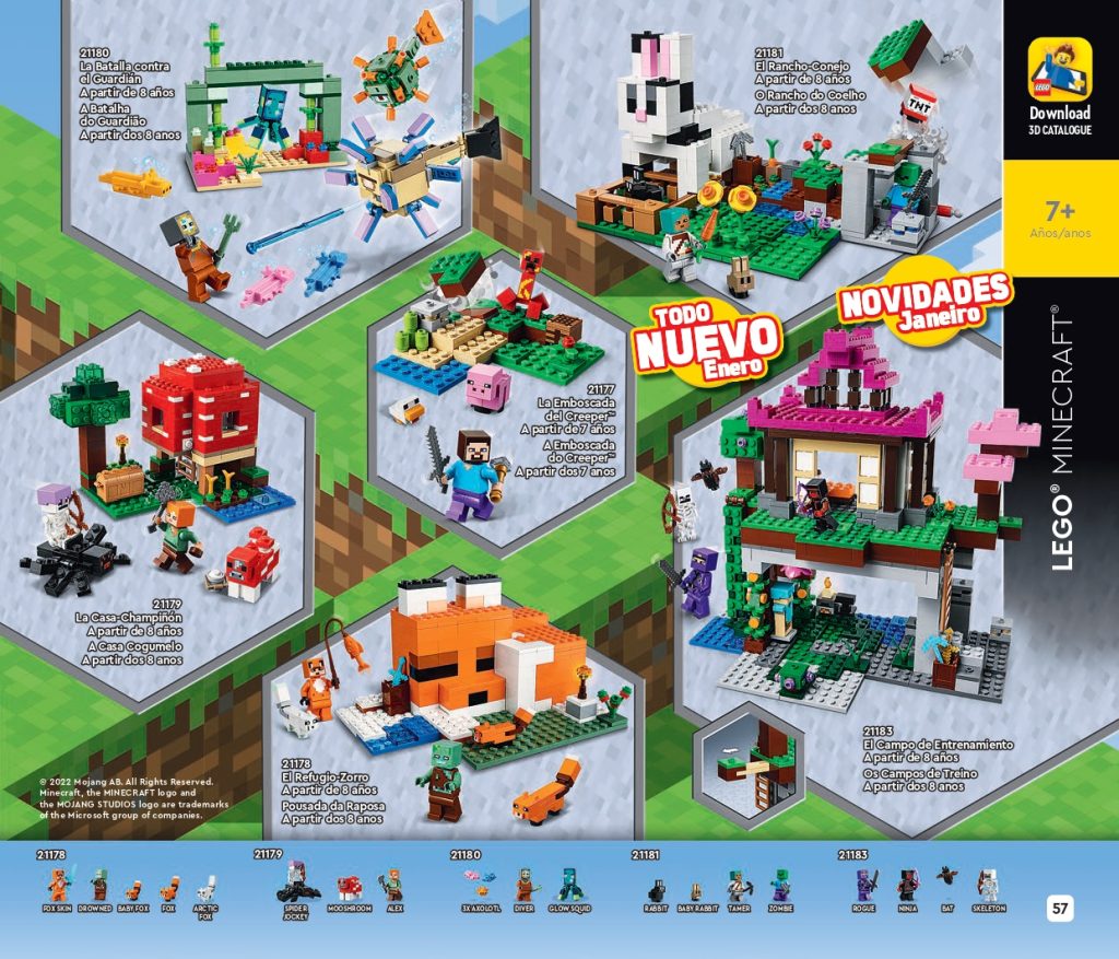 novedades Lego  Minecraft 2022 son el Rancho Conejo 21181 y el El campo de Entrenamiento 21183.